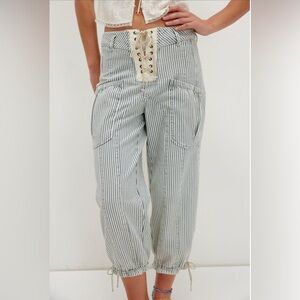 NWT Free People We The Free Smooth Sailing Striped Lace-Up High-Waist Jeans 32